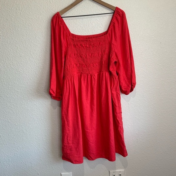 Isabel Maternity Women’s Large Linen Midi Puff Sleeve Dress Smocked Boho Pink - Picture 1 of 8